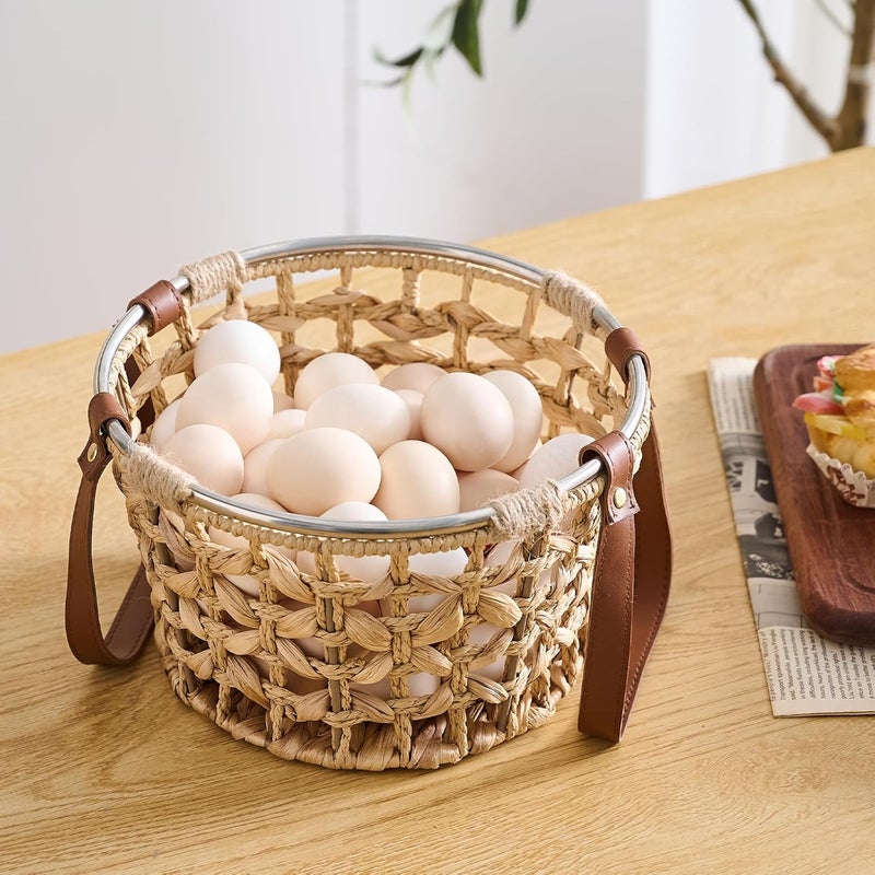 LGENHOOM Farmhouse Wicker Egg Basket for Collecting Fresh Eggs, Round Storage Basket with Handle, Brown, Sea Grass - Image 2